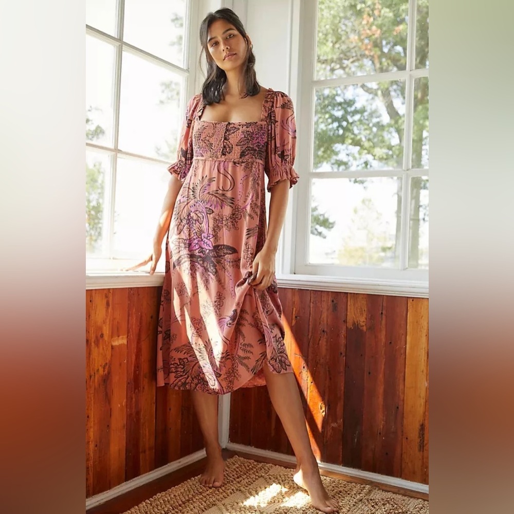 Anthropologie midi puff sleeve dress size L NWT